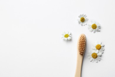 Bamboo toothbrush and beautiful chamomile flowers on white background, flat lay. Space for text