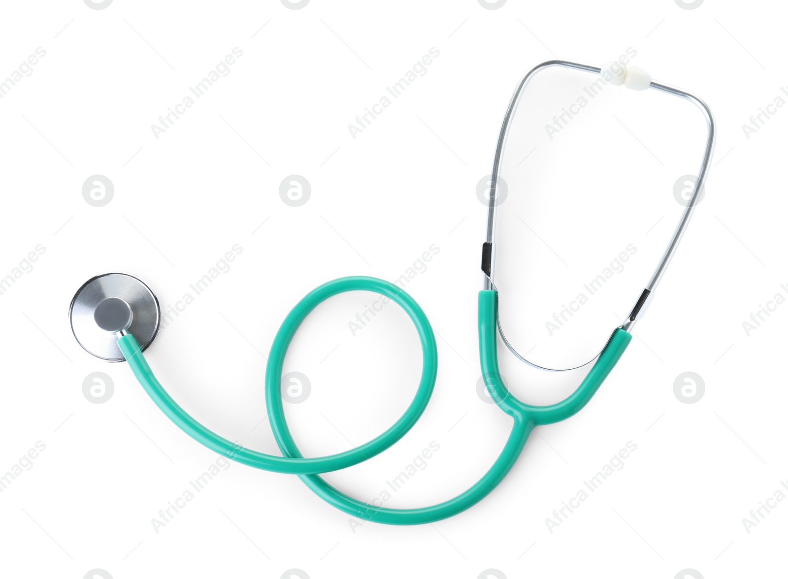 Photo of Stethoscope on white background, top view. Medical device