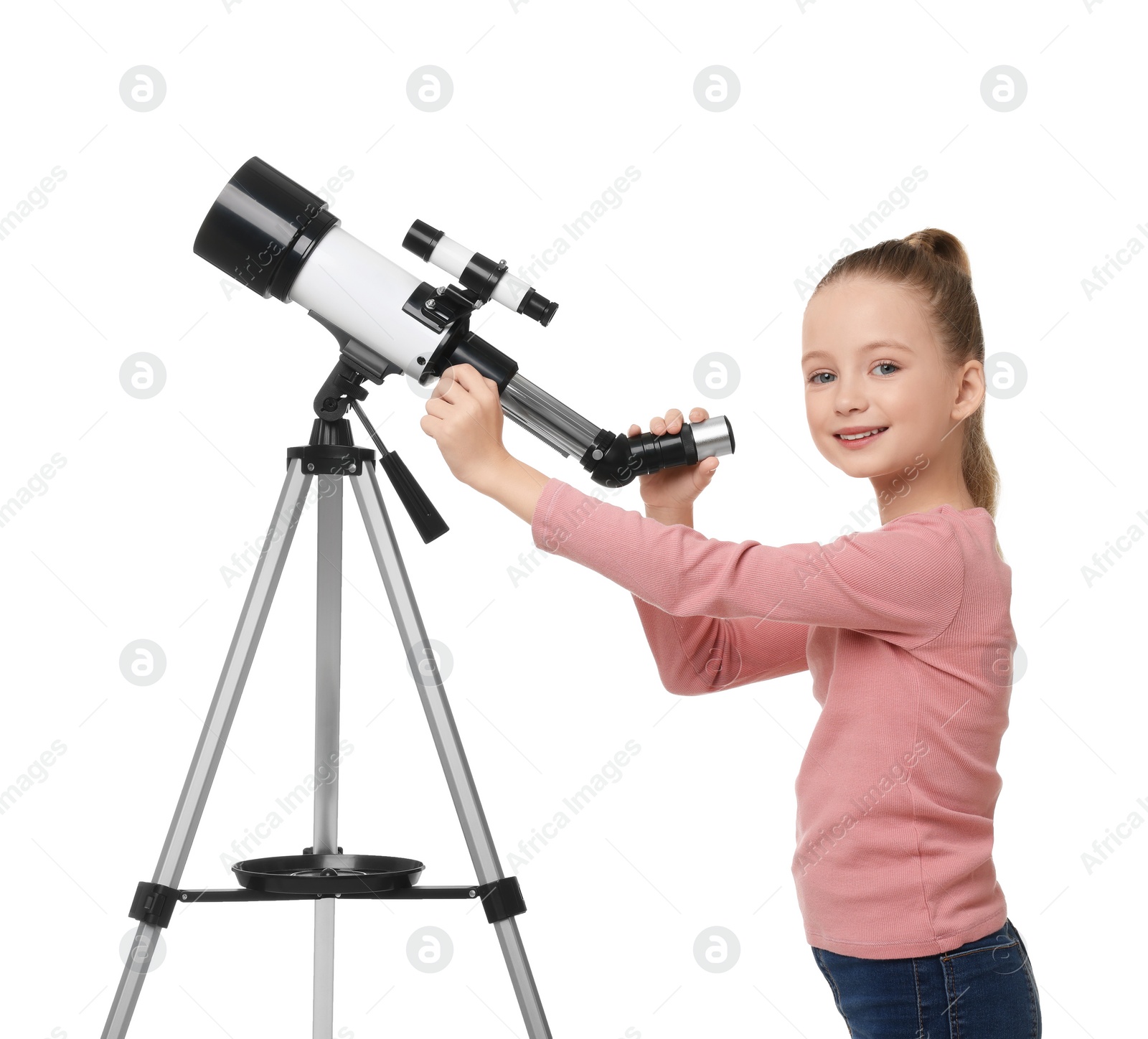 Photo of Happy little girl with telescope on white background