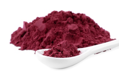 Acai powder and spoon on white background