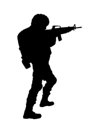 Image of Silhouette of soldier with assault rifle on white background. Military service