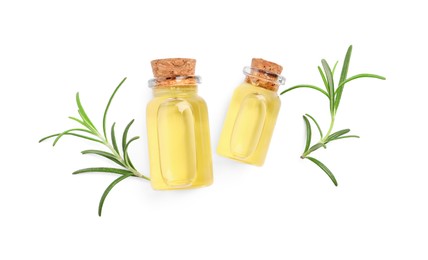 Sprigs of fresh rosemary and essential oil on white background, top view