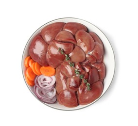 Photo of Fresh raw kidney meat with vegetables in bowl isolated on white, top view