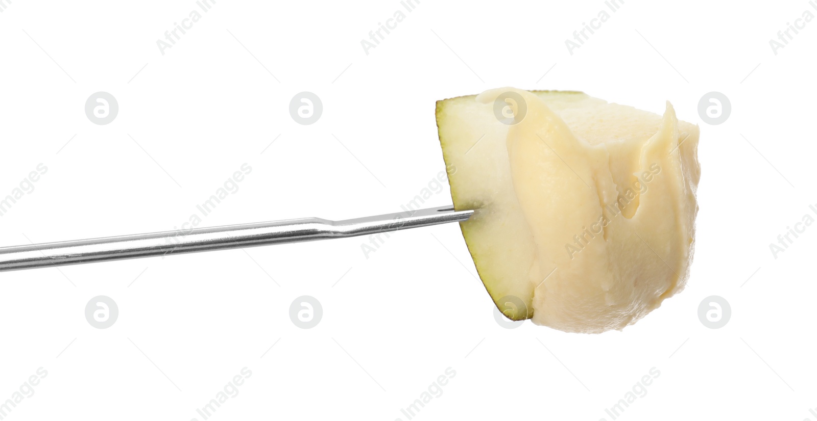 Photo of Tasty fondue. Fork with piece of pear and melted cheese isolated on white