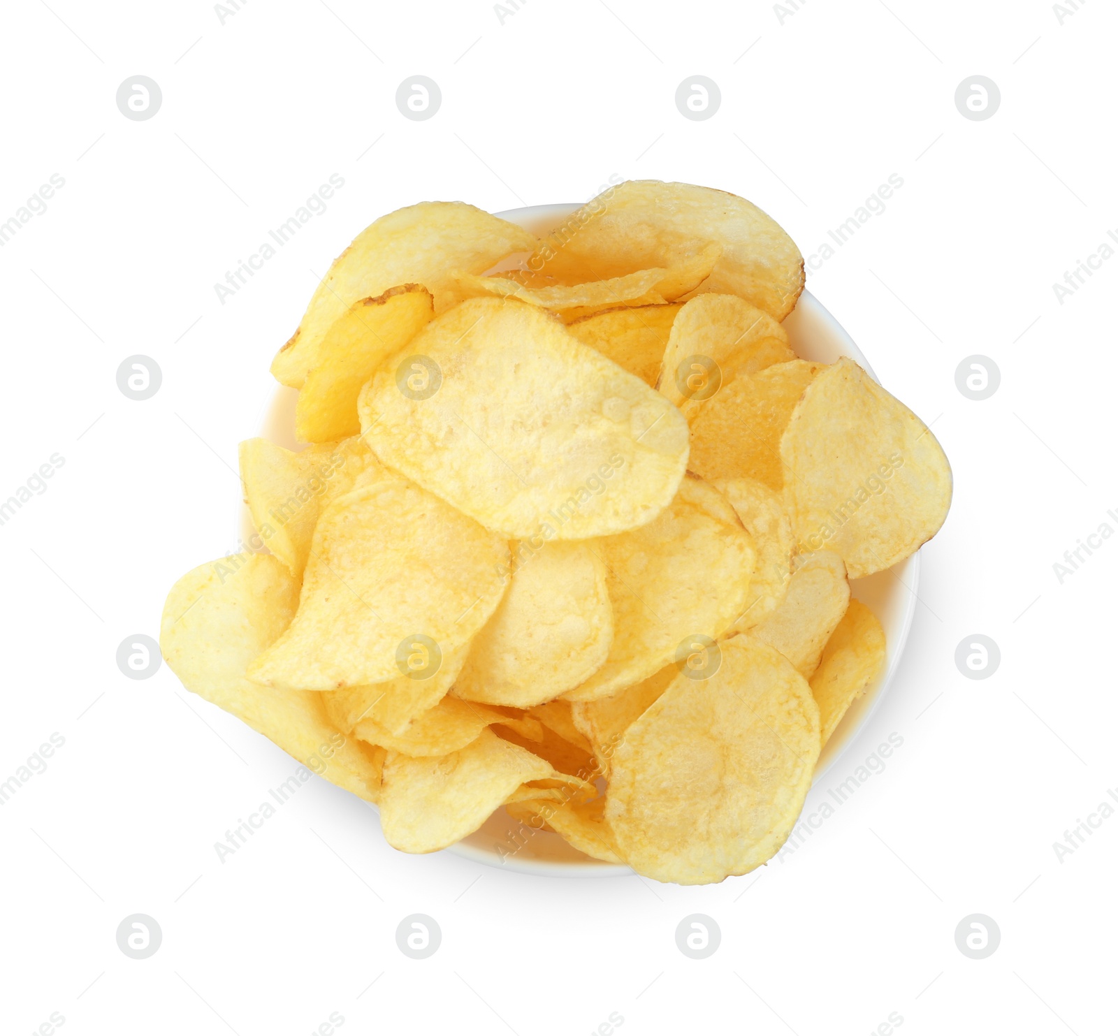 Photo of Bowl of tasty potato chips on white background, top view