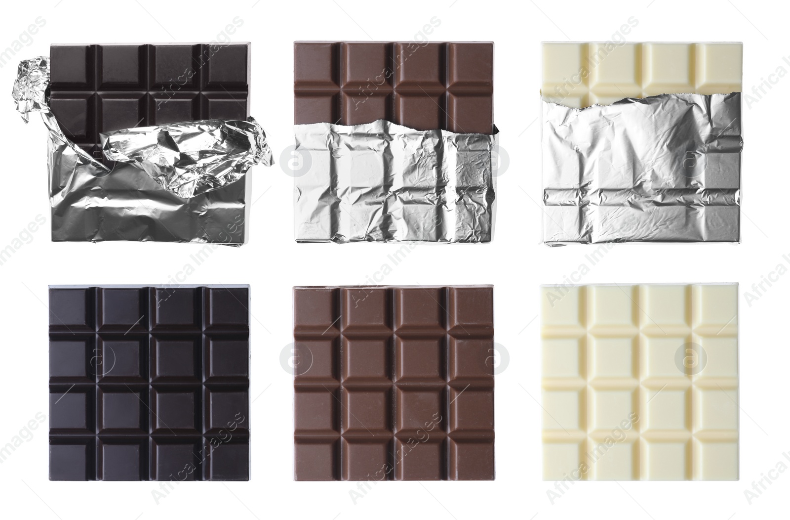 Image of Set with different chocolate bars on white background, top view