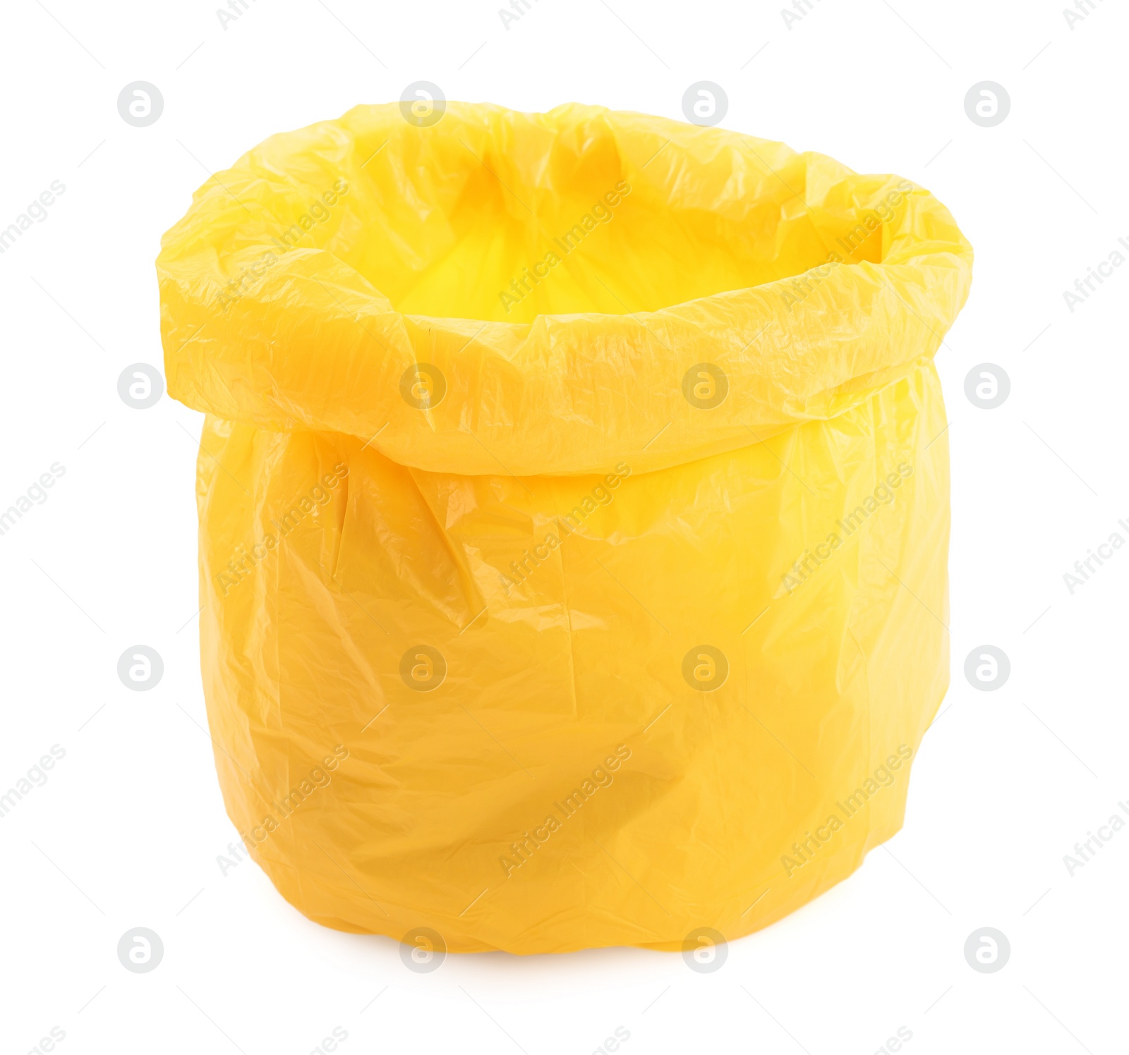 Photo of Yellow plastic garbage bag isolated on white