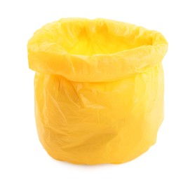 Photo of Yellow plastic garbage bag isolated on white