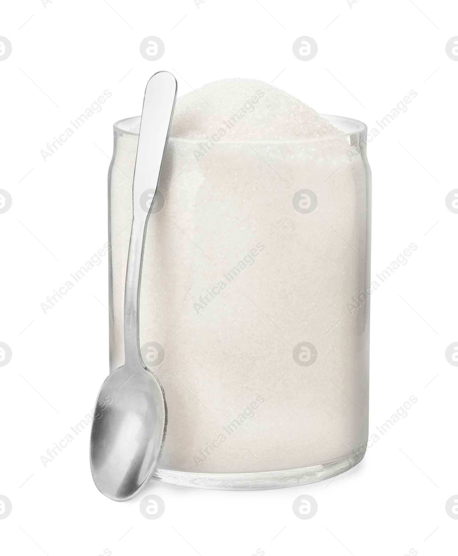 Photo of Glass jar with sugar and spoon isolated on white