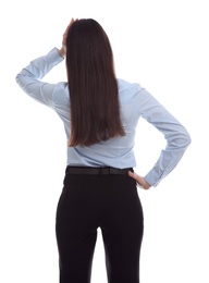 Photo of Young businesswoman in elegant suit on white background, back view