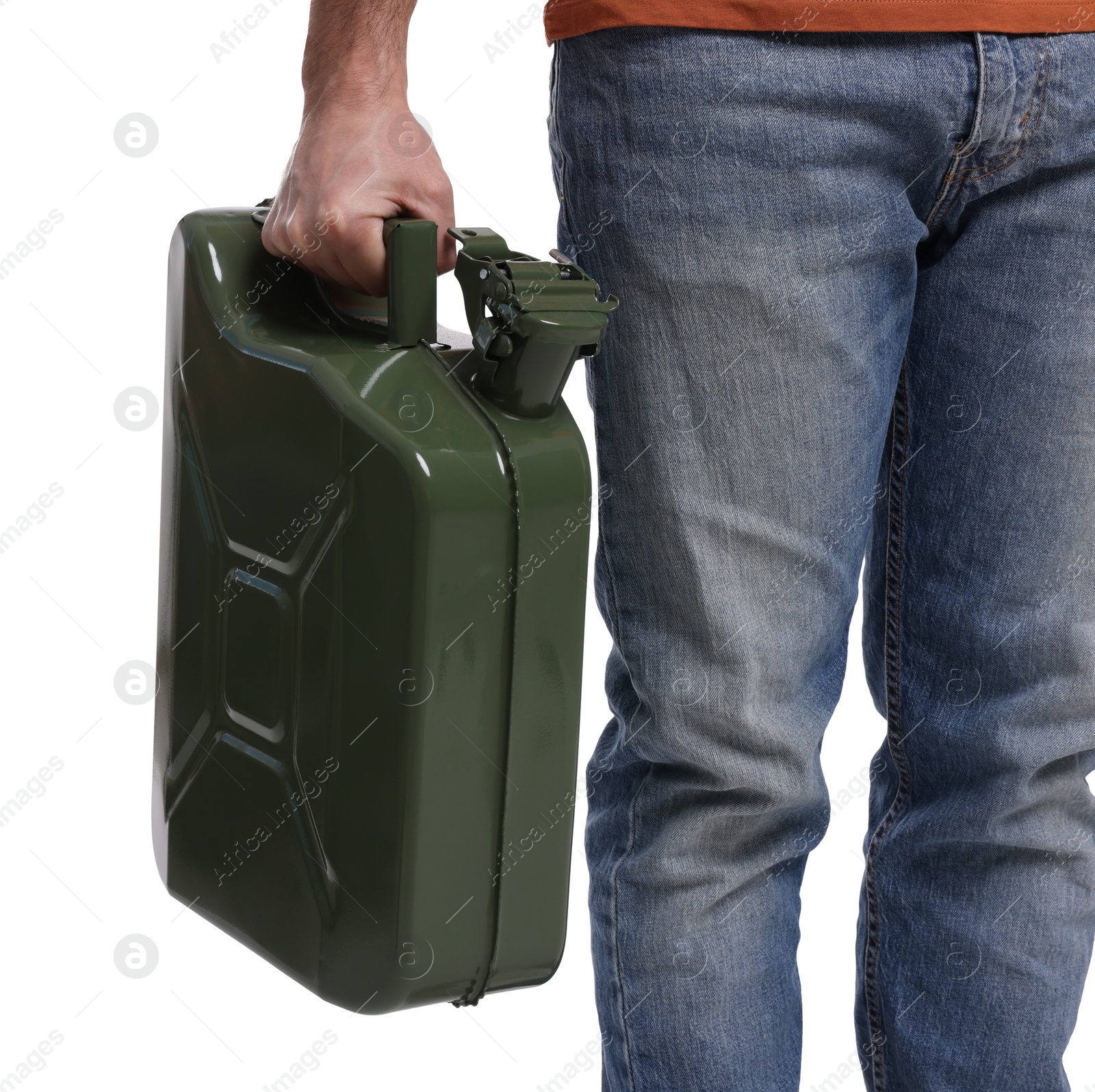 Photo of Man holding khaki metal canister on white background, closeup