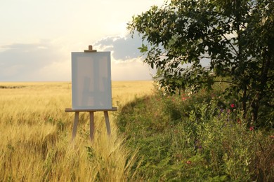Photo of Wooden easel with blank canvas in field. Space for text