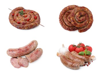 Image of Tasty homemade sausages isolated on white, set