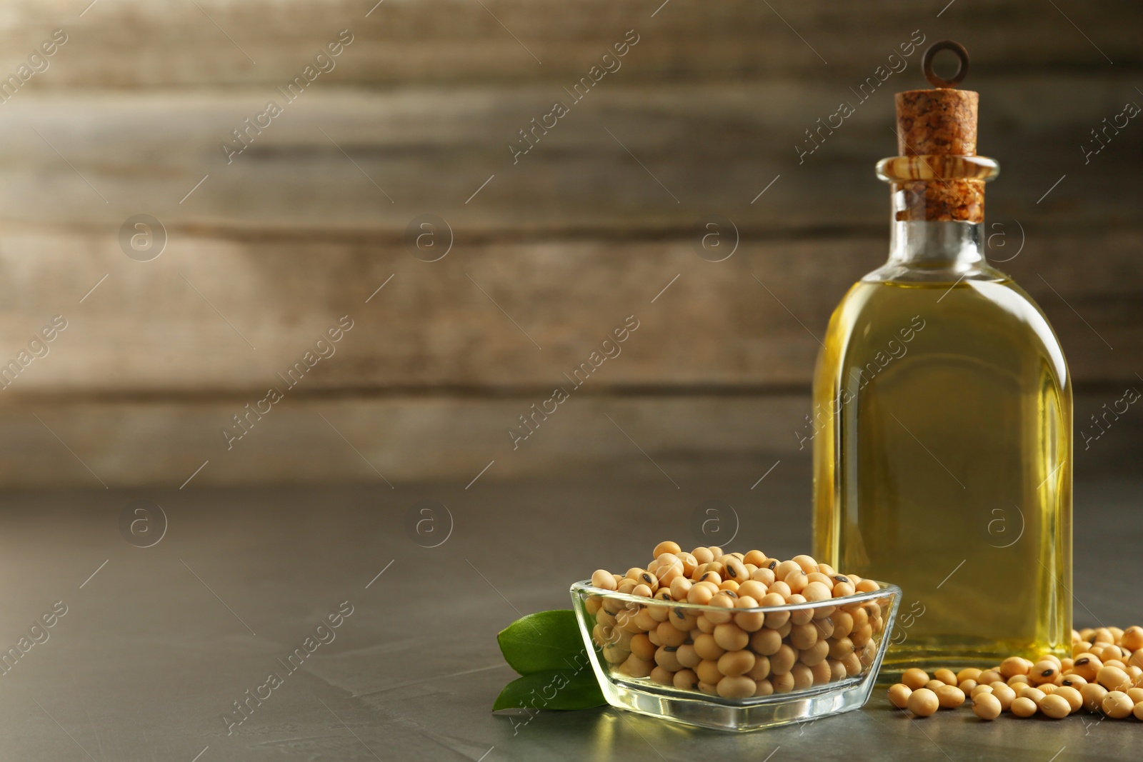 Photo of Glass bottle of oil, leaves and soybeans on grey table. Space for text