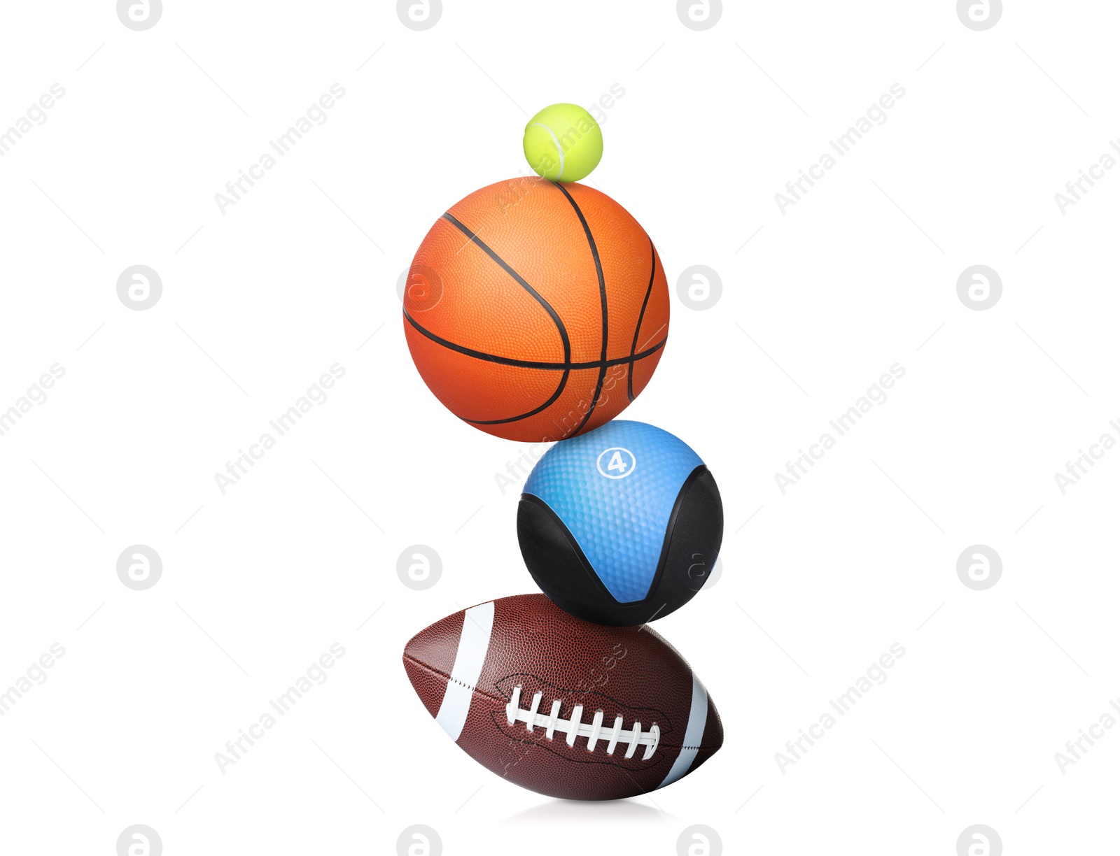 Image of Stack of different sport and medicine balls on white background