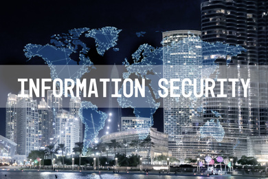 Text INFORMATION SECURITY, world map and cityscape on background