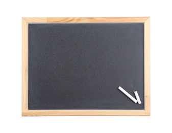 Empty blackboard with chalk isolated on white, top view. Space for text