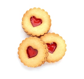 Photo of Traditional Christmas Linzer cookies with sweet jam on white background