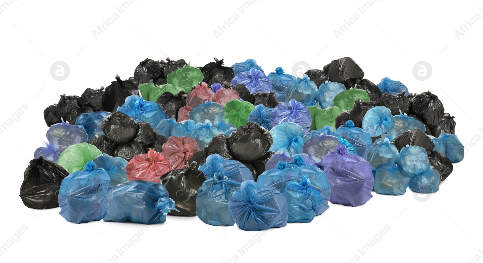 Image of Big heap of trash bags with garbage on white background