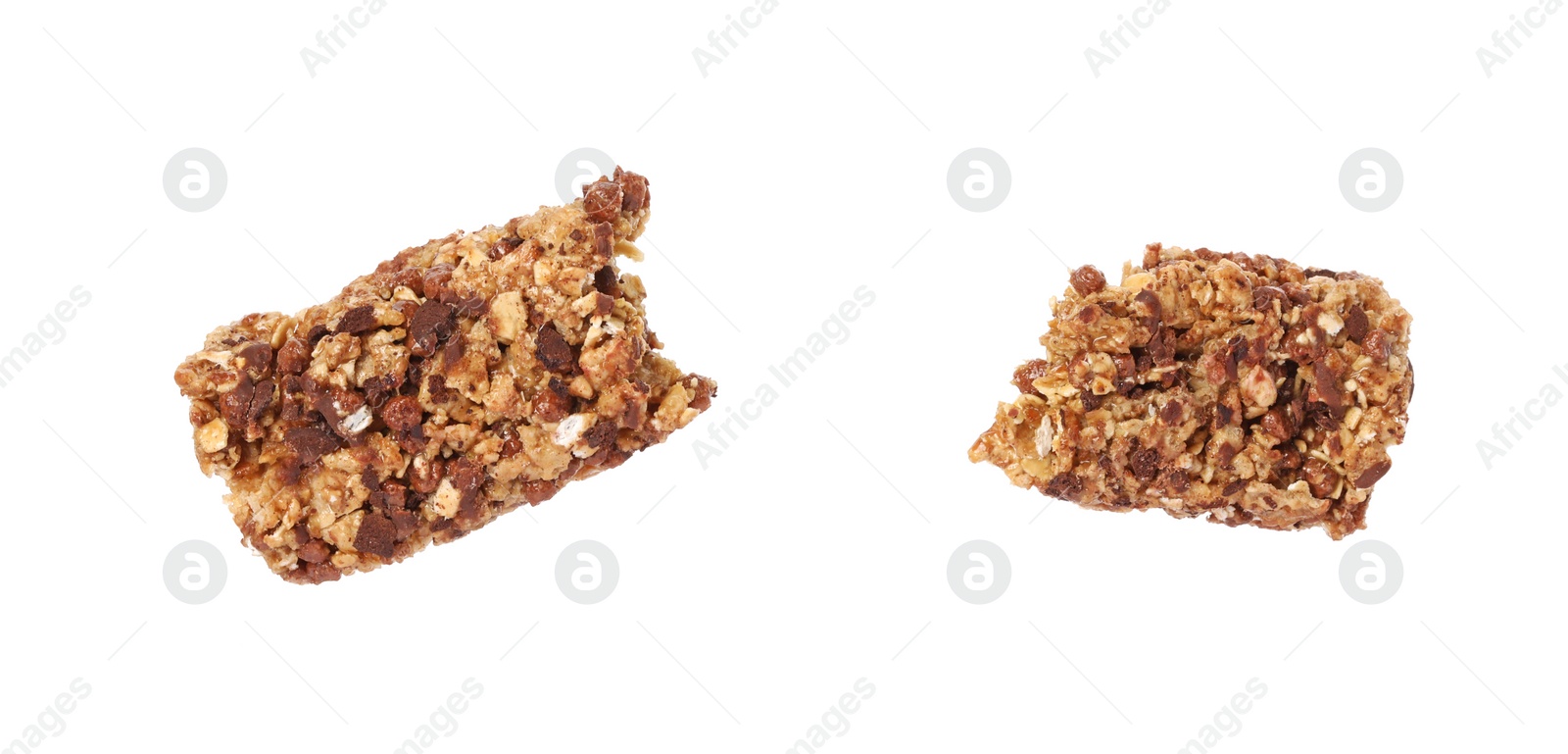 Photo of Pieces of tasty granola bar isolated on white