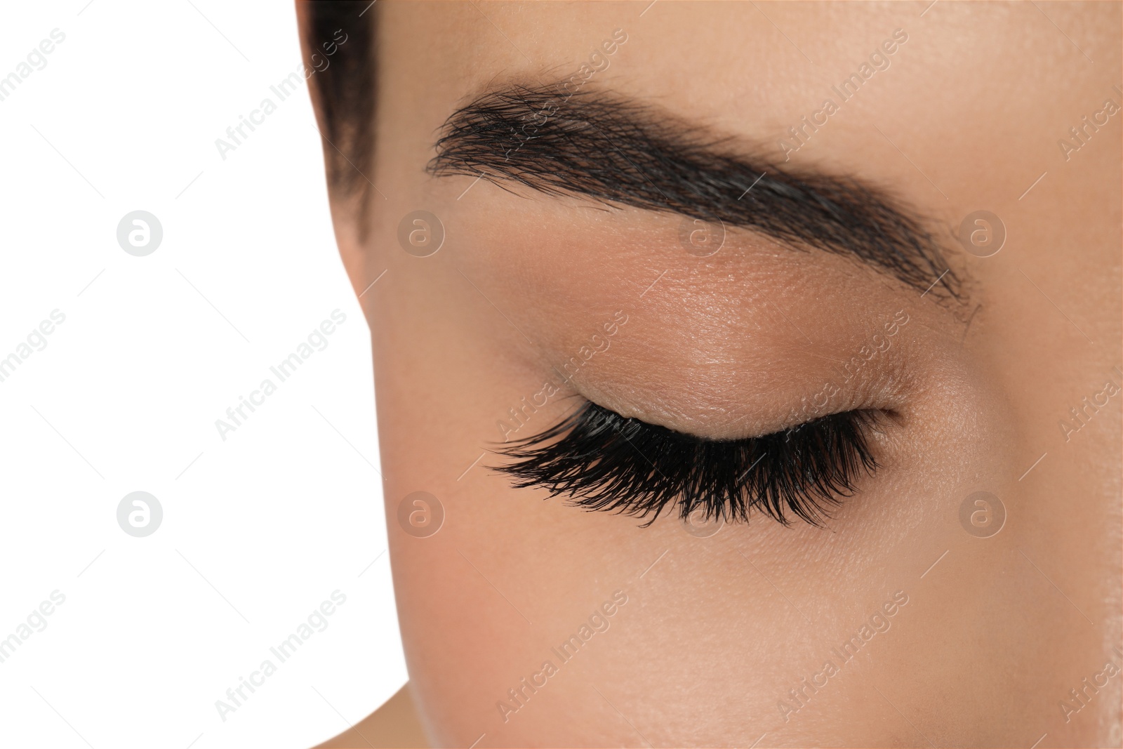 Photo of Beautiful young woman with long eyelashes on white background, closeup