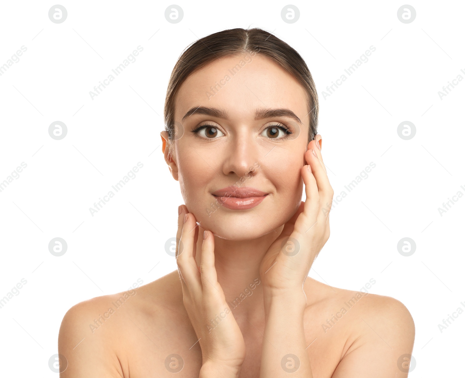 Photo of Beautiful woman with perfect smooth skin on white background