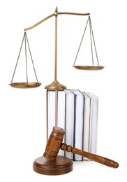 Photo of Wooden gavel, books and scales of justice on white background