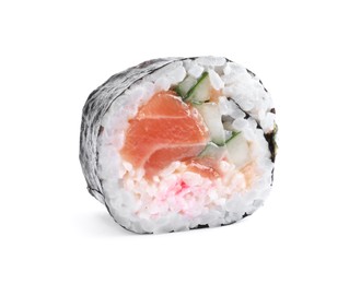 Photo of Tasty sushi roll with salmon isolated on white