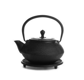 Photo of Black teapot with stand isolated on white