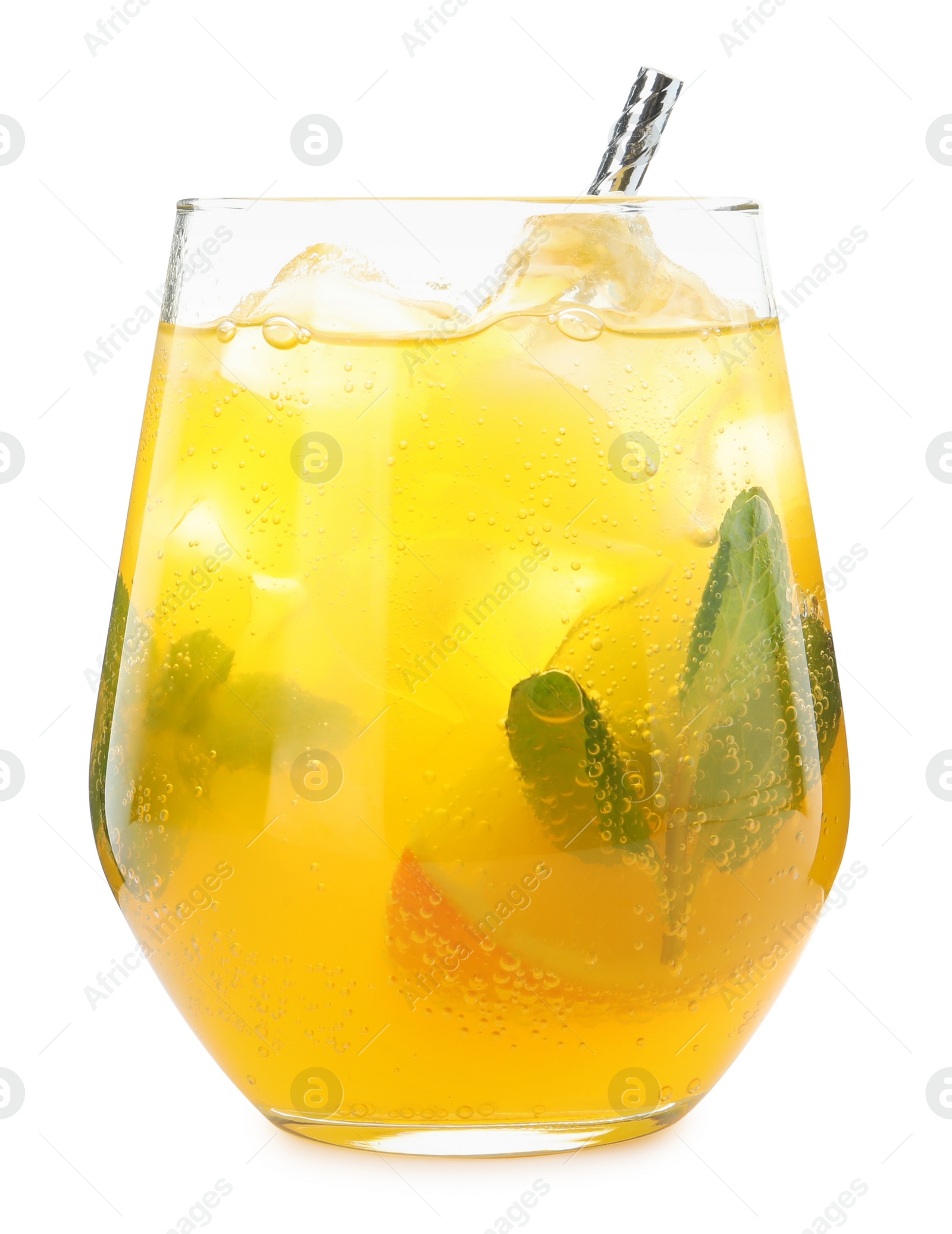 Photo of Delicious orange soda water on white background