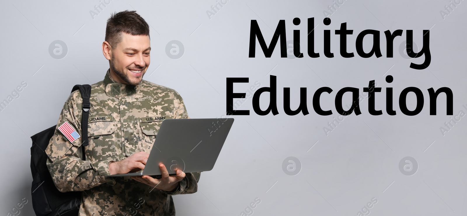 Image of Military education. Cadet with backpack and laptop on light grey background