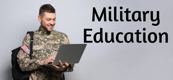 Image of Military education. Cadet with backpack and laptop on light grey background