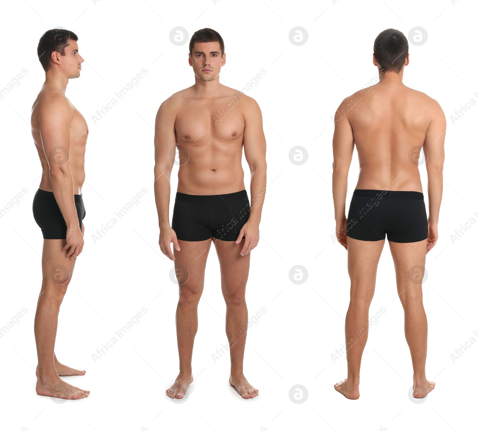 Image of Collage of man with sexy body on white background