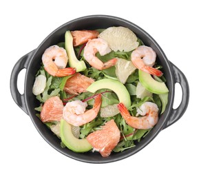 Delicious pomelo salad with shrimps in serving pan isolated on white, top view