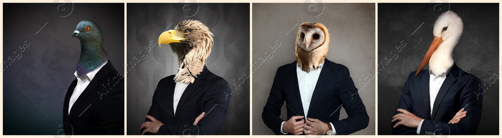 Image of Businessmen with faces of different birds on dark background. Set of portraits