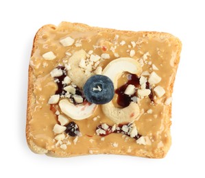 Photo of Toast with tasty nut butter, blueberry and cashews isolated on white, top view