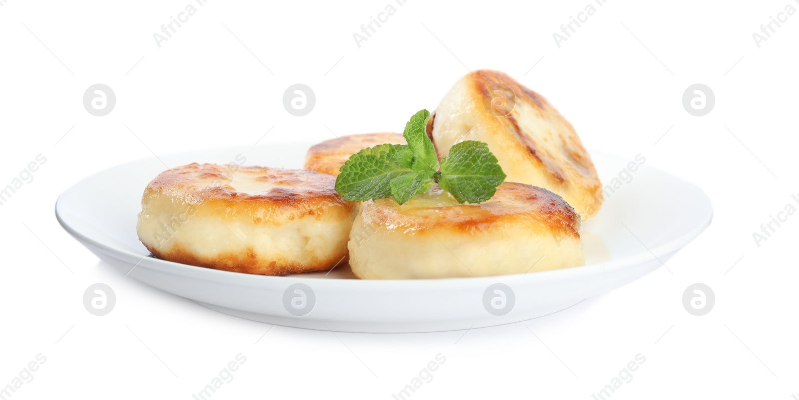 Photo of Delicious cottage cheese pancakes with mint isolated on white