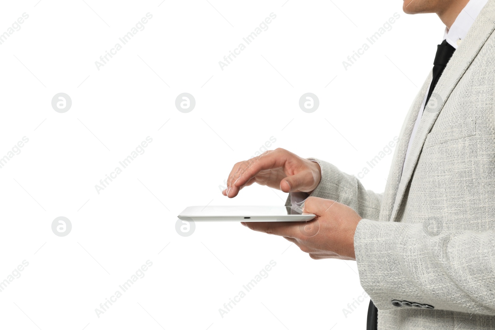 Photo of Businessman using tablet computer on white background, closeup