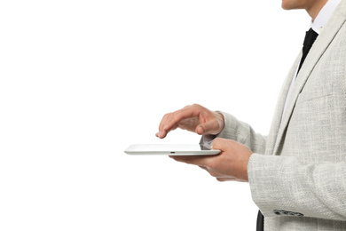 Photo of Businessman using tablet computer on white background, closeup