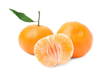 Photo of Fresh ripe juicy tangerines with green leaf on white background