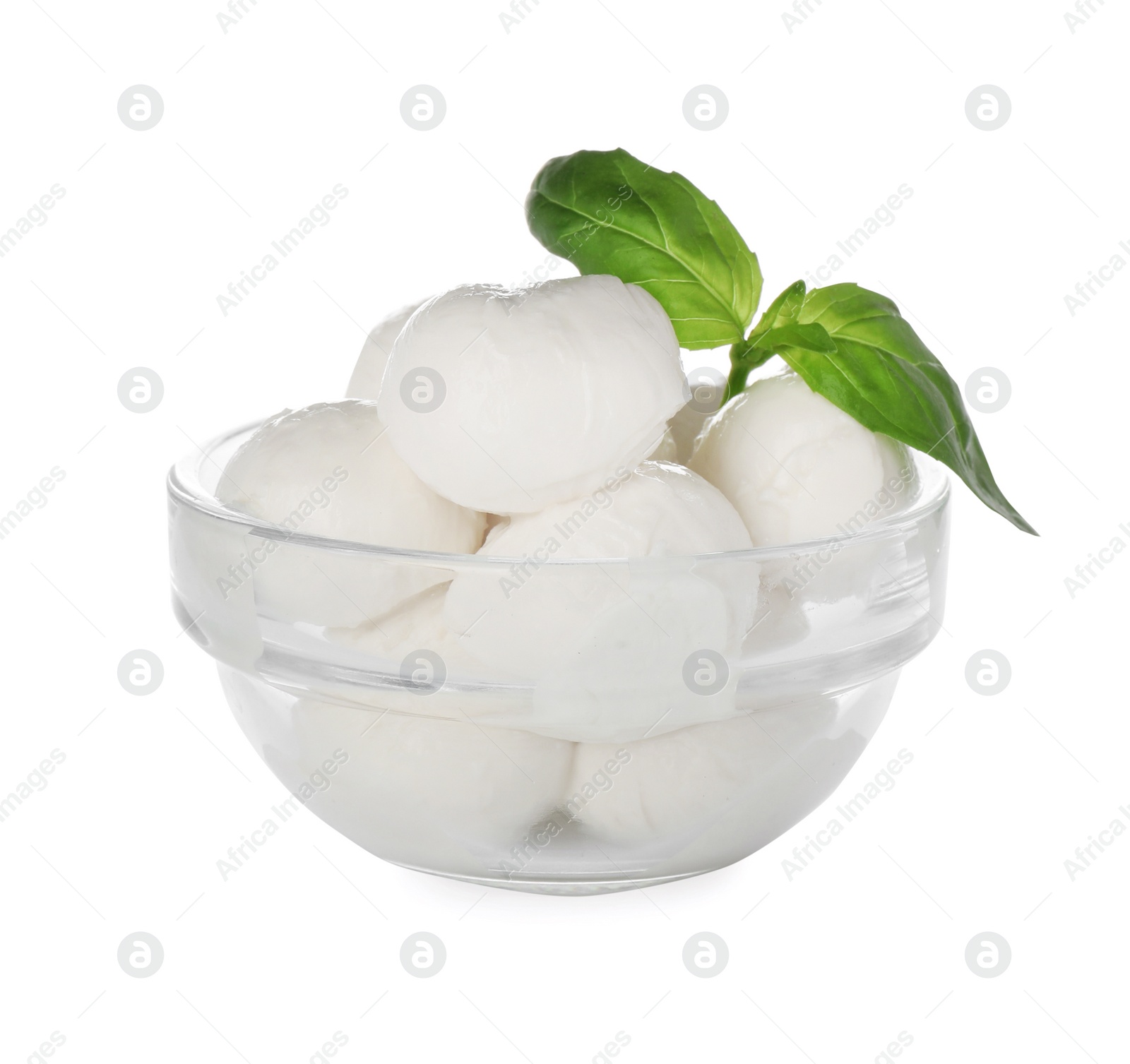 Photo of Bowl with mozzarella cheese balls and basil on white background