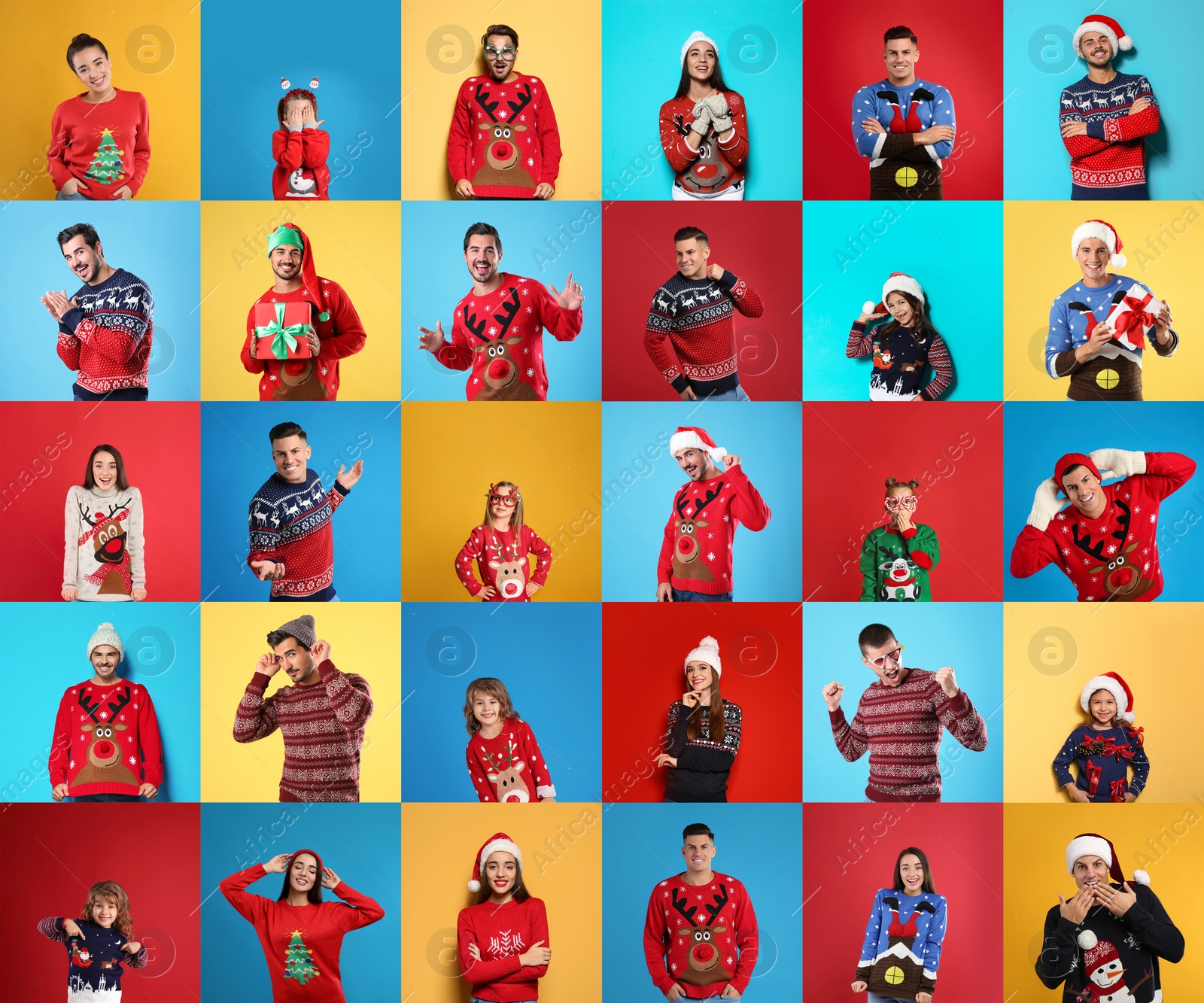 Image of Collage with photos of adults and children in different Christmas sweaters on color backgrounds