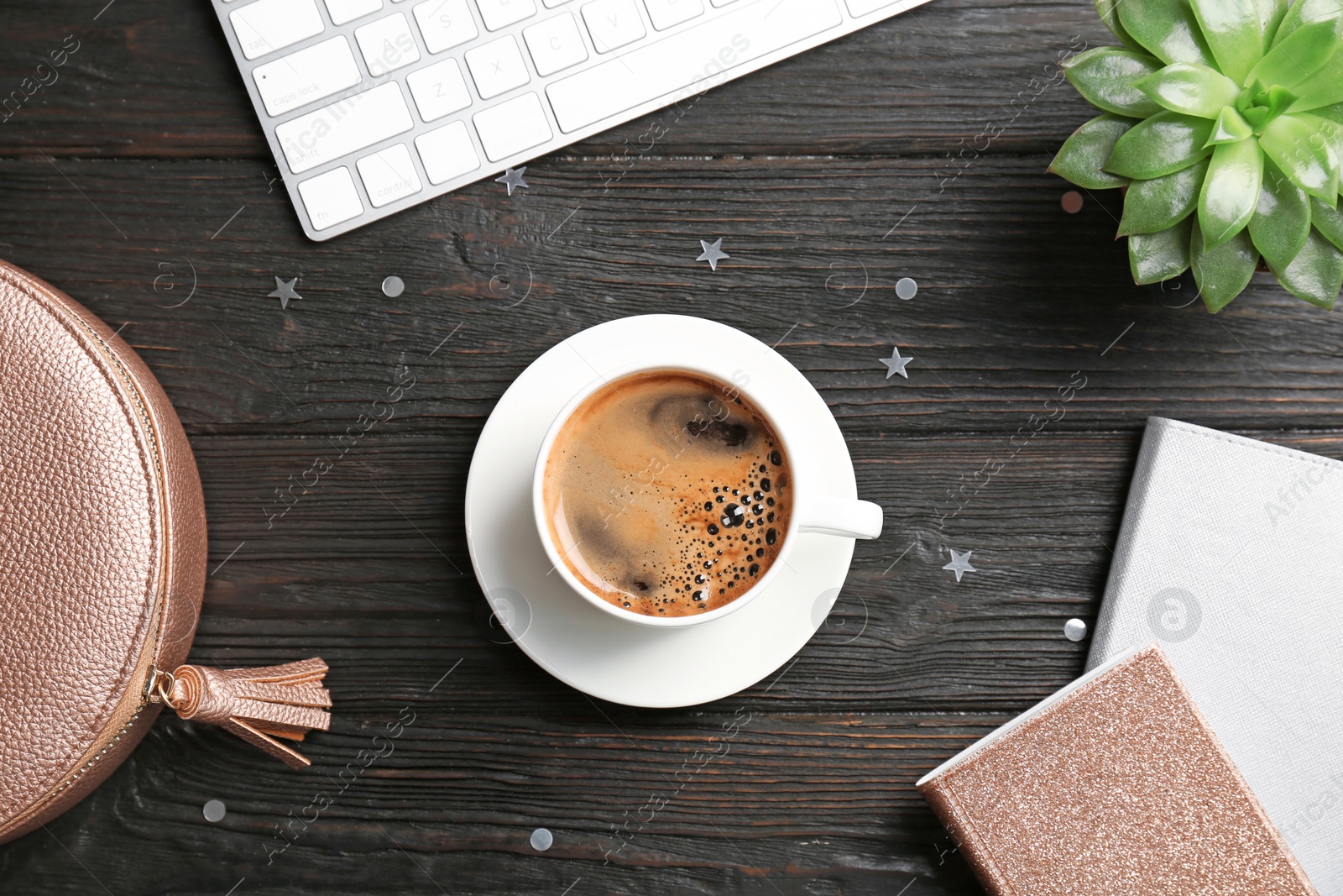 Photo of Creative flat lay composition with delicious hot coffee on table