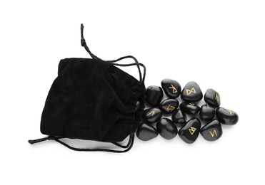 Bag with many black rune stones isolated on white, top view