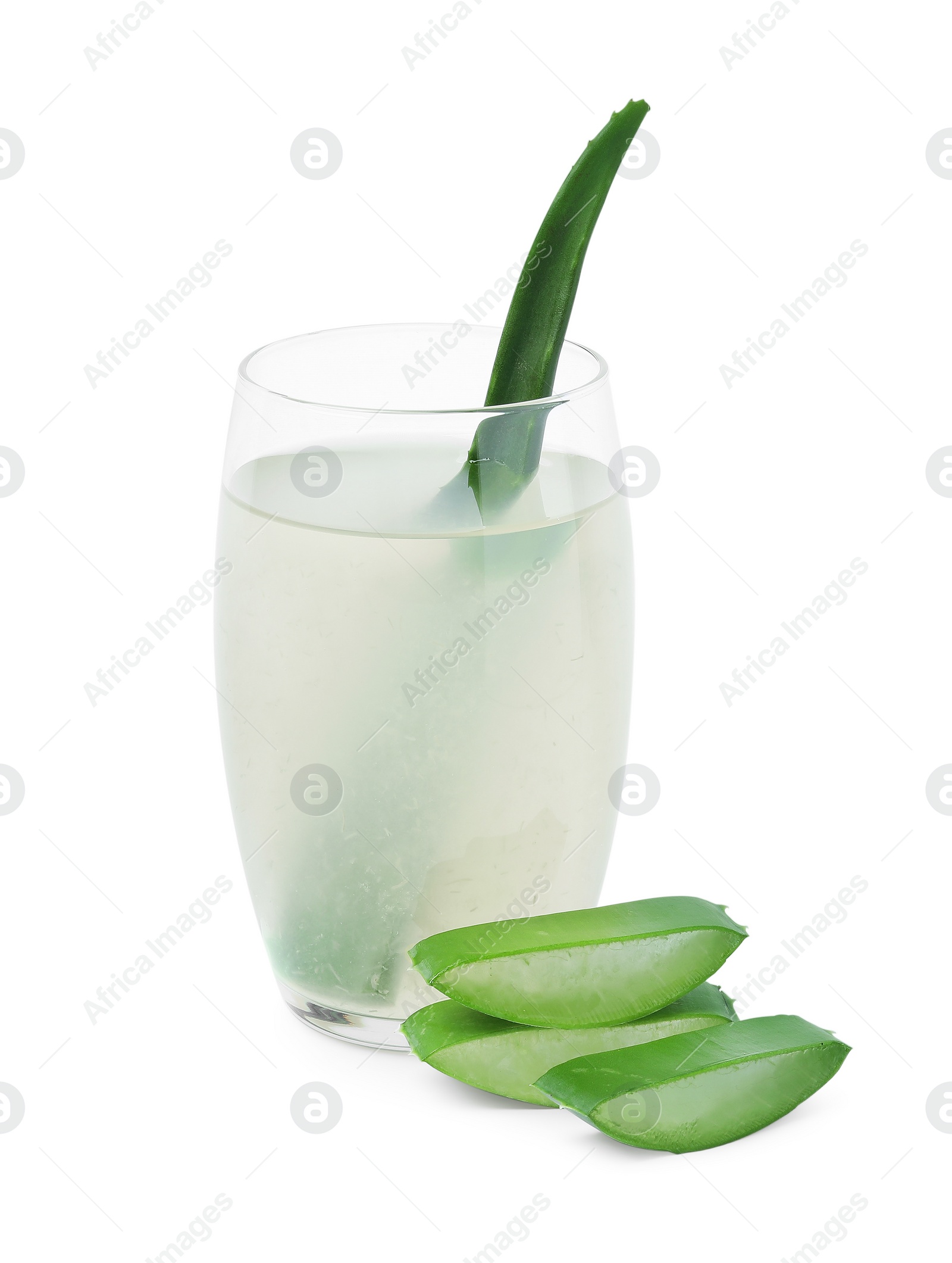 Photo of Tasty aloe juice in glass and cut fresh leaves isolated on white