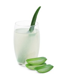 Photo of Tasty aloe juice in glass and cut fresh leaves isolated on white