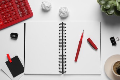 Photo of Flat lay composition with stylish notebook on white table