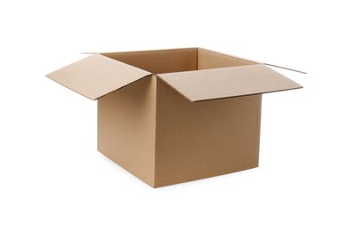 Photo of One open cardboard box on white background
