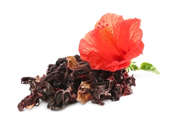 Dry hibiscus tea and beautiful flower on white background