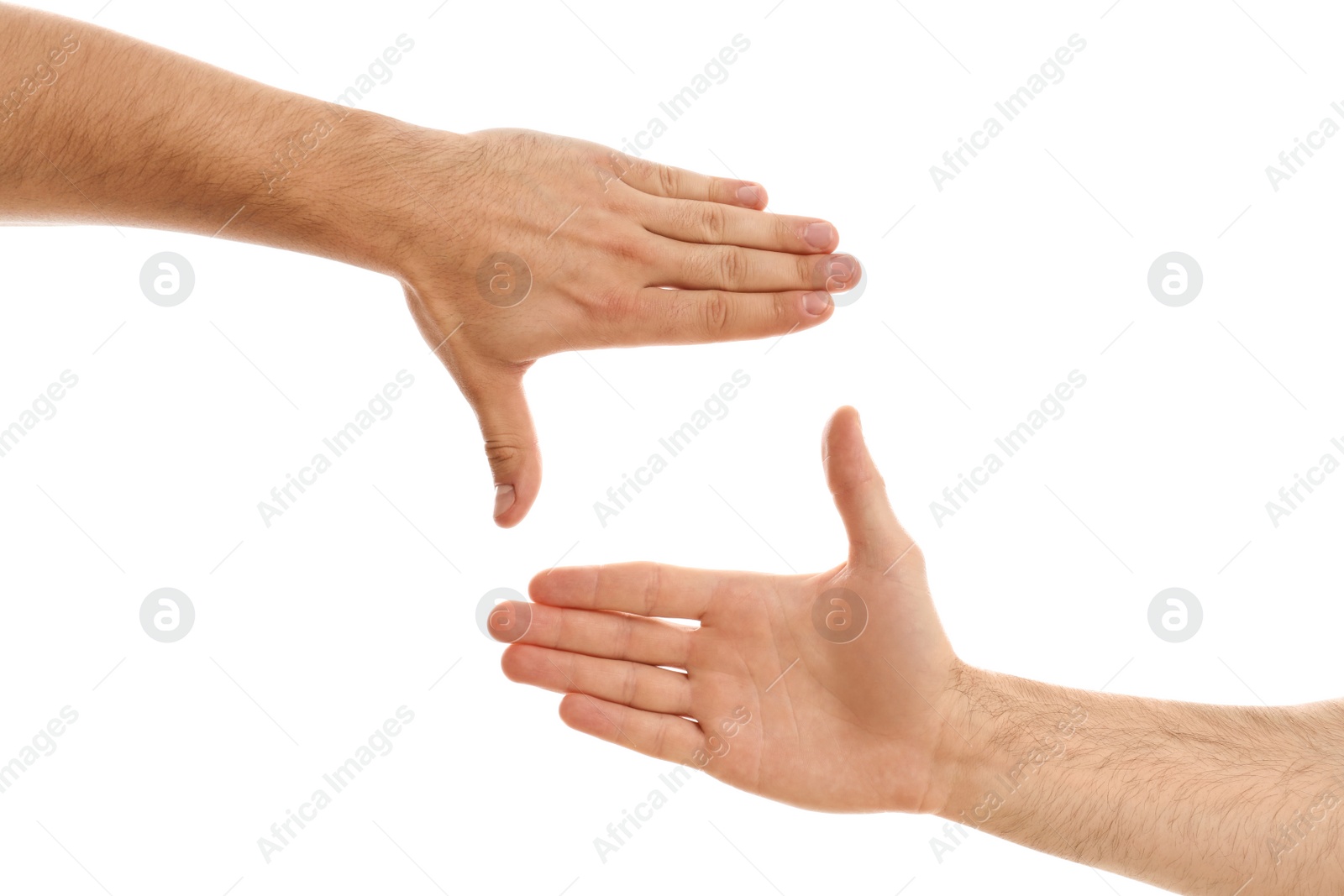 Photo of Man making frame with his hands on white background, closeup